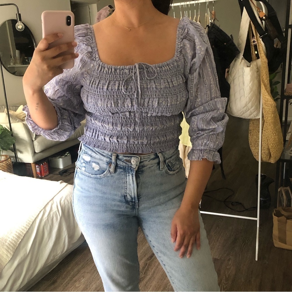 American Eagle Cottage Core Floral Long Sleeve Top Light Blue Medium
